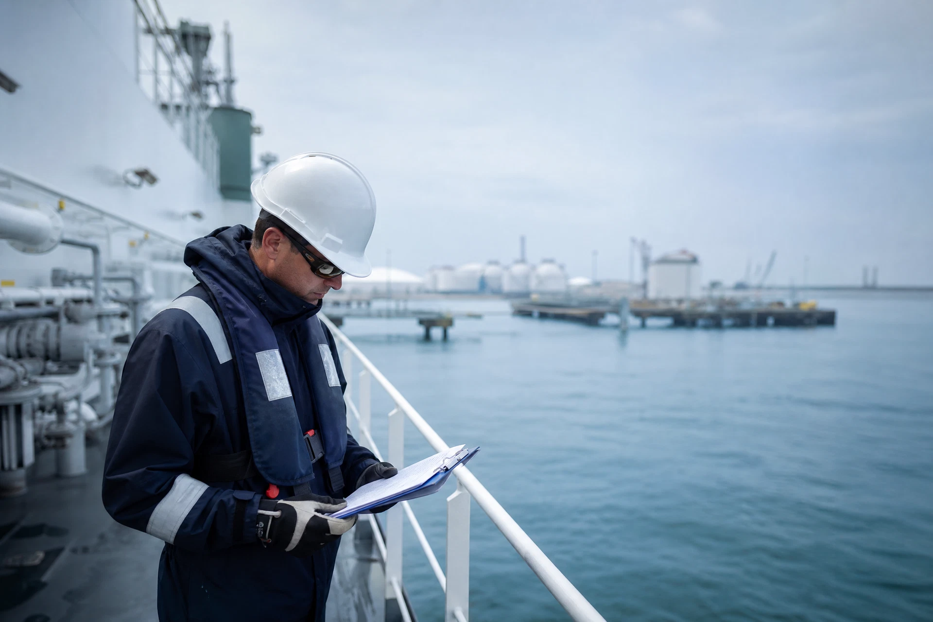 Marine surveyor reviewing a vessel inspection